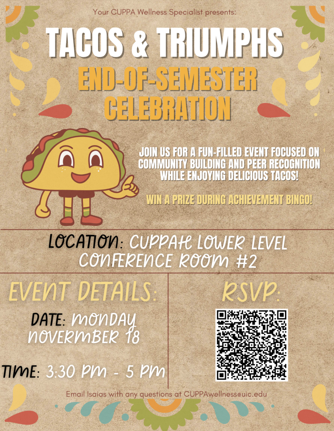 beige color poster with a talking taco image advertising the event.